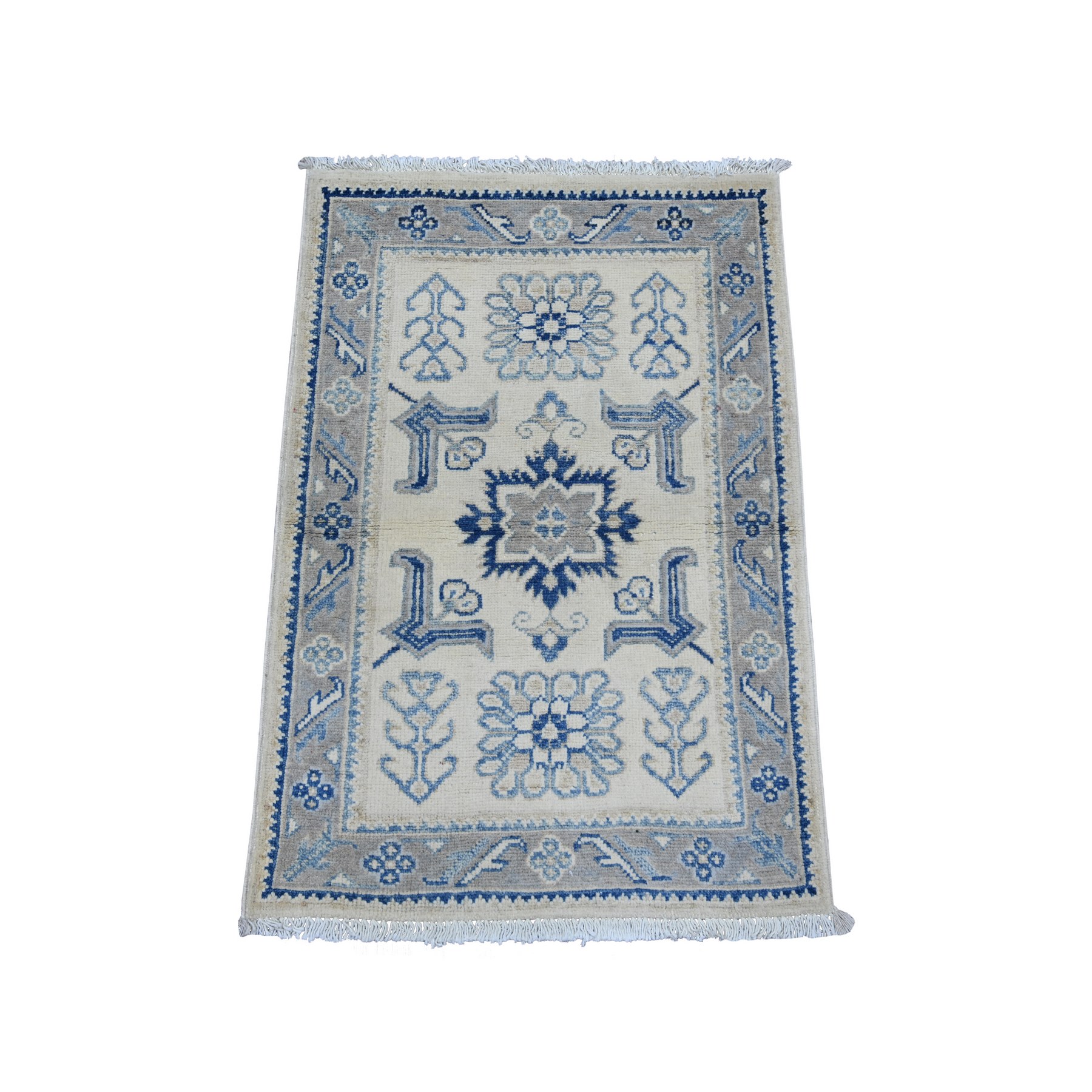 1'10"x2'9" Alabaster White, Vintage Look Kazak with Tribal Design, Hand Knotted, 100% Wool, Natural Dyes, Mat, Sample, Oriental Rug 